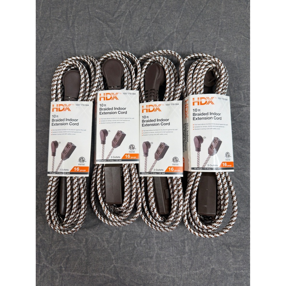 HDX Extension Cord 4 Pack 10ft Braided Indoor Brown White Flat Plug 3 Outlet NEW